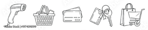 Hand drawn shopping and retail business icons including scanner, basket, wallet, loyalty card, and shopping cart bag, useful for ecommerce and consumer service concepts.