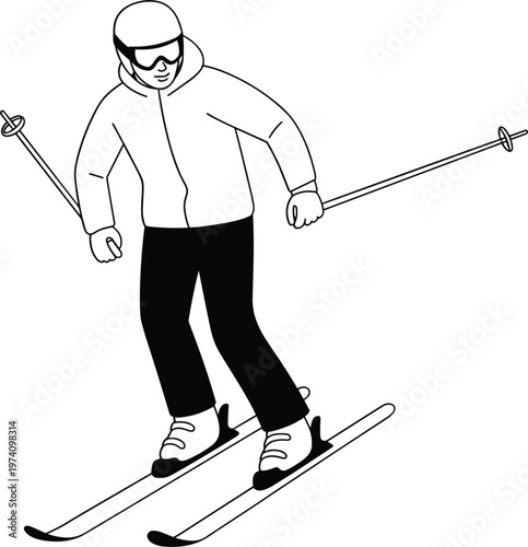 Male skier downhill skiing with poles and helmet, minimalist black and white line art winter sports vector illustration