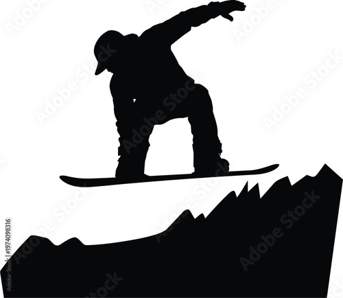 Black silhouette of a snowboarder jumping over snowy mountain peaks, winter extreme sports action scene vector illustration
