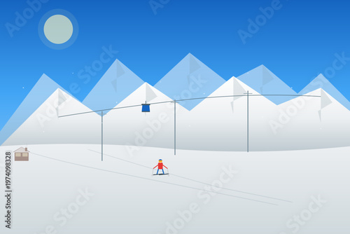 Skier on Snowy Mountain with Ski Lift