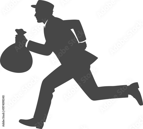 Silhouette of a businessman thief running with a money bag, criminal man in suit and hat escaping vector
