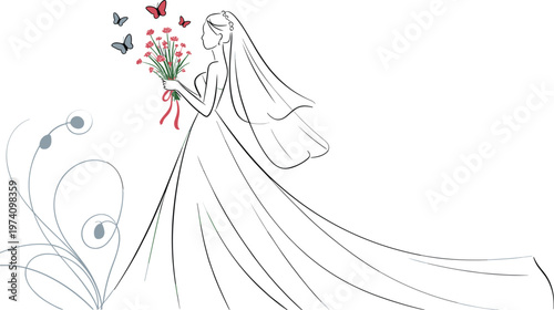 Elegant bride in wedding dress holding flower bouquet with butterflies, minimalist line art marriage ceremony vector illustration