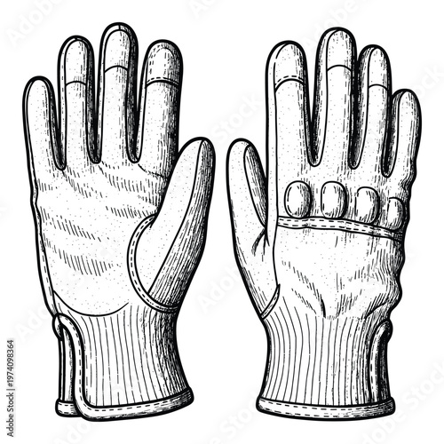 Detailed engraving of sturdy work gloves providing reliable hand protection for various industrial and garden tasks, perfect for safety equipment catalogs