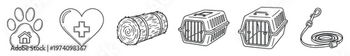 Diverse collection of animal care icons including pet paw with house, veterinary cross heart, hay bale, portable pet carriers, and dog leash, suitable for pet services branding and animal