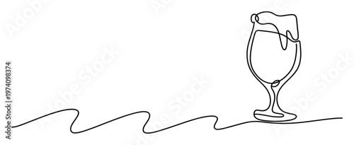Stylish continuous one line drawing of a stemmed beer glass with rich foamy head offering a modern graphic element for drinkware advertisements, pub signage, or event invitations.