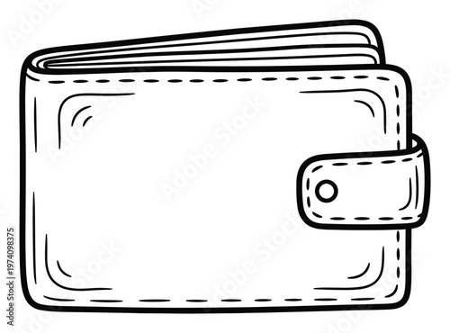 Simple black outline sketch of a closed wallet with a snap button closure for financial budgeting concepts and personal finance applications