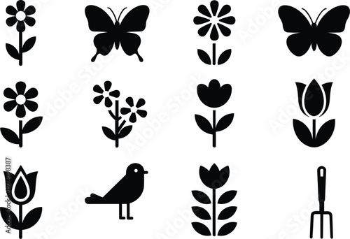 Black garden icon set with flowers, butterflies, bird, and pitchfork silhouette, spring nature elements for web design vector