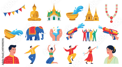 Collection of Songkran festival elements including Buddha statue, temples, water bowls, elephant, people playing with water guns, and traditional decorations for Thai New Year celebration.