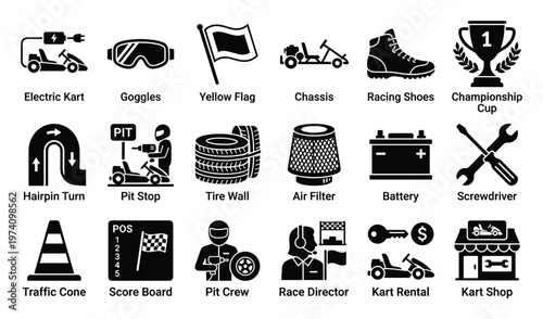Go kart racing themed elements icons set for motorsports events and recreational karting activities suitable for racing enthusiast designs