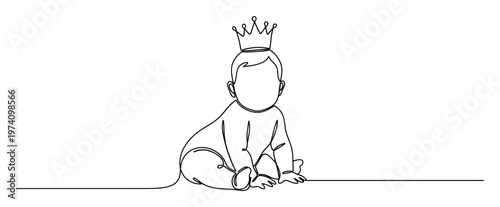 Continuous single line drawing of a cute baby wearing a crown, symbolizing royalty and new beginnings, perfect for baby shower invitations, nursery decor, or childrens product branding.