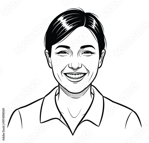 Positive and friendly woman with short hair and a broad, inviting smile, perfect for creating engaging visual content, corporate branding, or uplifting social media campaigns.