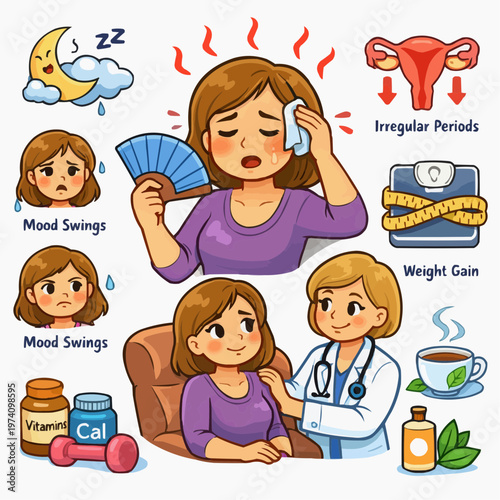 Educational medical infographic showing irregular periods with mood swings weight gain heat discomfort supplements and doctor consultation in a friendly illustrated health concept guide