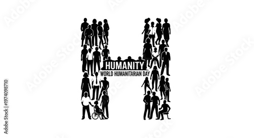 Letter H formed by diverse group of people silhouettes for World Humanitarian Day.