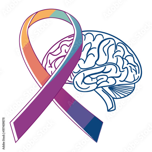 Awareness ribbon with colorful segments and stylized brain illustration for neurological health awareness and support campaigns.