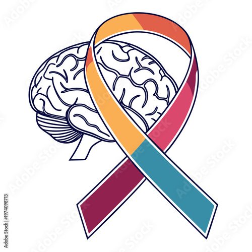 Neurology awareness symbol featuring a detailed brain and multicolored ribbon for mental health and brain injury support programs medical artwork.