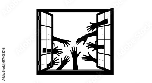 Black silhouette of many hands reaching through an open window frame.