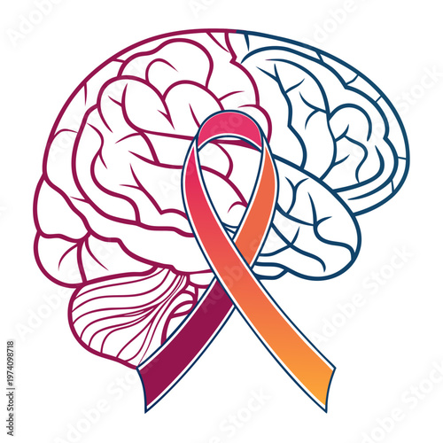 Outline of human brain with a vibrant, segmented ribbon crossing its center, symbolizing advocacy for brain health and neurological awareness.