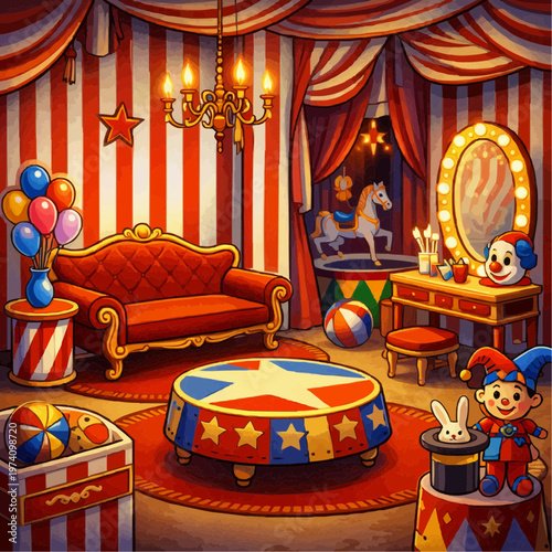 Colorful circus themed playroom interior with striped drapes vintage sofa balloons toy chest clown dolls vanity mirror and festive carnival props creating a whimsical illustrated room scene