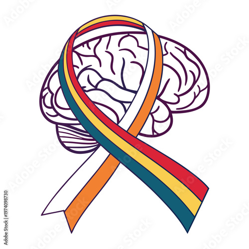 Human brain icon with colorful awareness ribbon for neurological health advocacy medical research support mental wellness campaign vector graphics.