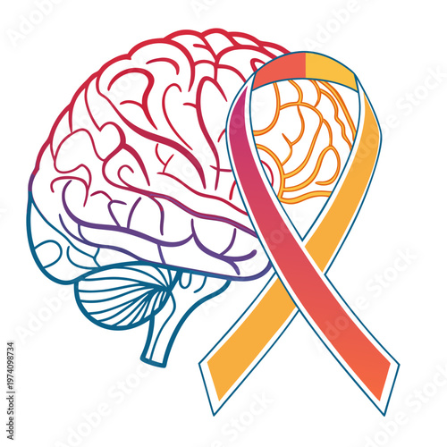 Mental health awareness ribbon with human brain illustration symbol for medical support community advocacy neurological disorder prevention concept.