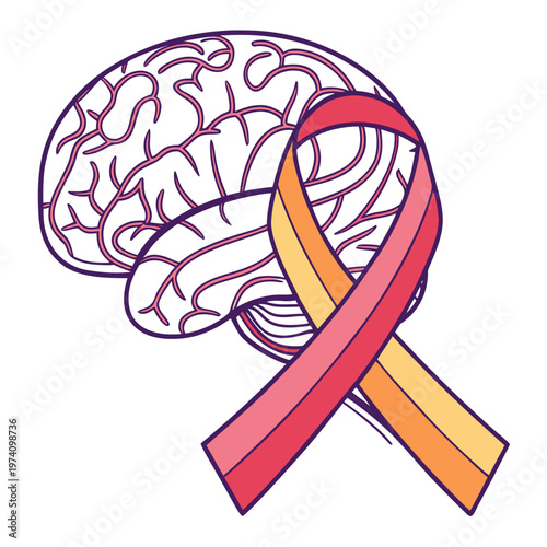 Neurological health awareness ribbon and human brain sketch for medical education support group symbol mental health advocacy campaign vector design.