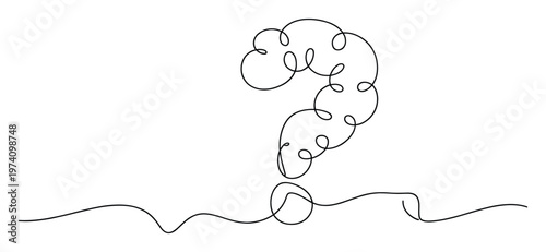 Continuous line drawing forming a question mark with swirling, curly strokes, representing curiosity, problem solving, or uncertainty, perfect for educational materials, business