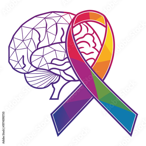 Mental health awareness ribbon over brain outline symbol of support for neurological conditions and psychological well being.