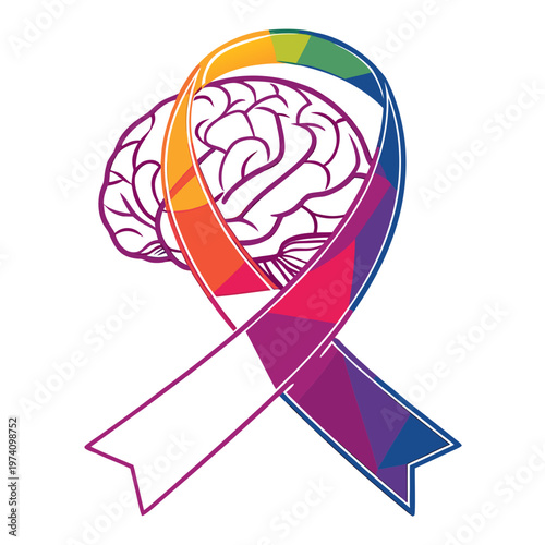 Rainbow colored awareness ribbon and brain illustration for mental health support diversity inclusion neurological care advocacy medical vector symbol.