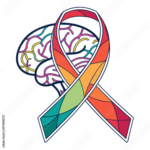 Abstract geometric awareness ribbon with human brain outline for mental health support medical advocacy neurological research symbol vector graphic.