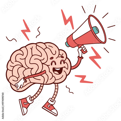 Cartoon brain character with megaphone shouting loud announcement mental health advocacy and awareness concept.