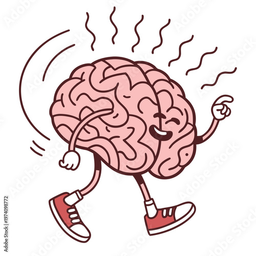 Cartoon brain character dancing happily celebrating mental well being and cognitive vitality fun illustration.