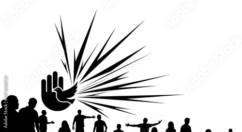 Silhouette of a hand and dove symbol above a crowd of people.