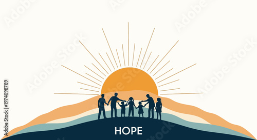Silhouette of a happy family holding hands standing together under a bright sun.