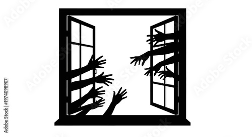 Black silhouette of hands reaching through an open window frame.