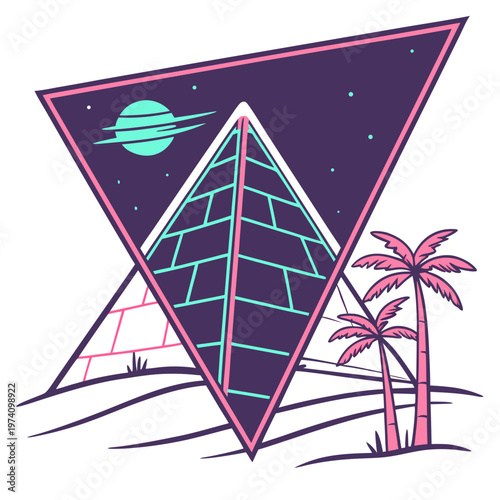 Retro futuristic egyptian pyramid desert with palm trees and moon in outer space triangle vaporwave 80s styled illustration.