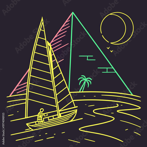 Desert landscape with pyramids, sailboat on river, palm tree, and crescent moon in vibrant line art style.