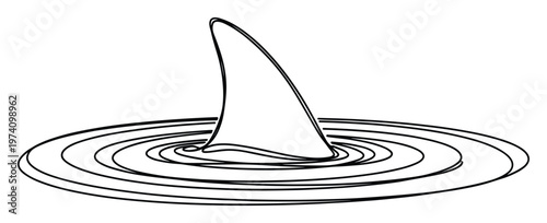 A dramatic shark fin cuts through calm water, creating concentric ripples, perfect for suspenseful marine themed designs or adventurous aquatic story visual graphics