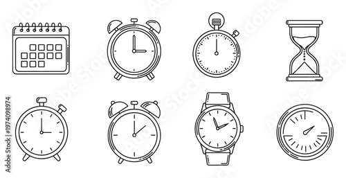 A versatile collection of detailed outline icons depicting various timekeeping devices and scheduling tools, perfect for digital interfaces, project management applications, and educational