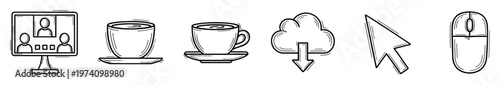 Hand drawn technology and work from home essential icons including video conference monitor coffee cups cloud download pointer and computer mouse for digital lifestyle and remote