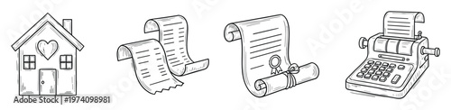 Outline icons depicting a family home, financial records, official certificate, and an old calculator, perfect for property, legal, or accounting services presentations and materials.