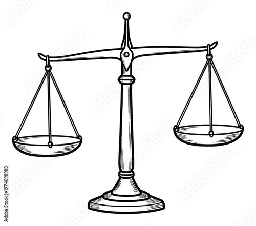 Traditional equal arm balance scale symbolizing fairness and equilibrium ideal for legal profession presentations, educational materials, and symbolic design projects