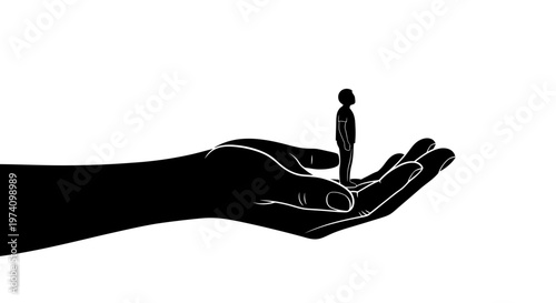 A black silhouette of a giant hand holding a small person representing care and support.