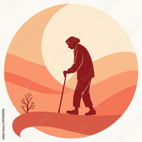 Old person walking with cane silhouette on hill at sunset vector illustration for senior care and aging gracefully concept with minimalist design.