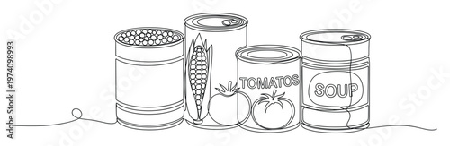 Continuous line drawing of various canned food items like tomatoes soup corn and peas suitable for grocery store promotions healthy eating campaigns or supermarket advertisements