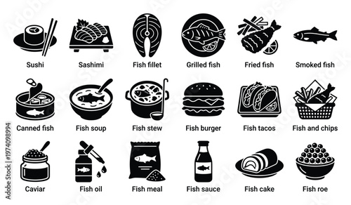 A comprehensive collection of diverse fishbased food icons and seafood products, perfect for menu designs, food industry presentations, culinary blogs, and nutritional guides