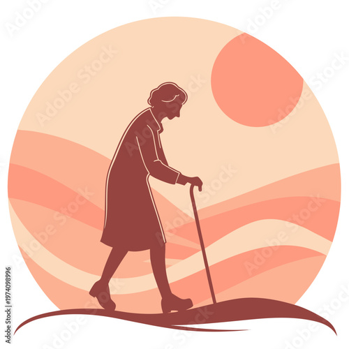 Old woman walking with cane on light red orange sunset background with light curves, senior lady stroll on nature landscape with sun.