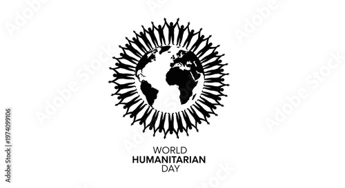 World Humanitarian Day symbol with globe surrounded by silhouettes of people holding hands.