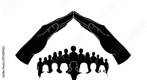 Black silhouette of two hands protecting a group of people.