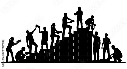 Silhouettes of diverse team building a brick wall together.