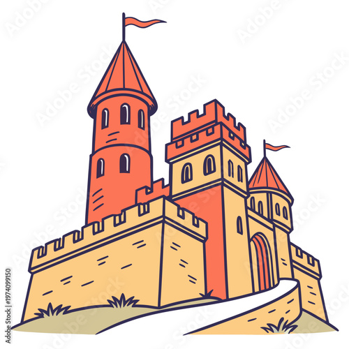 Medieval castle illustration featuring tall orange towers and stone battlements on a green hill with curved path leading to arched gate entrance.